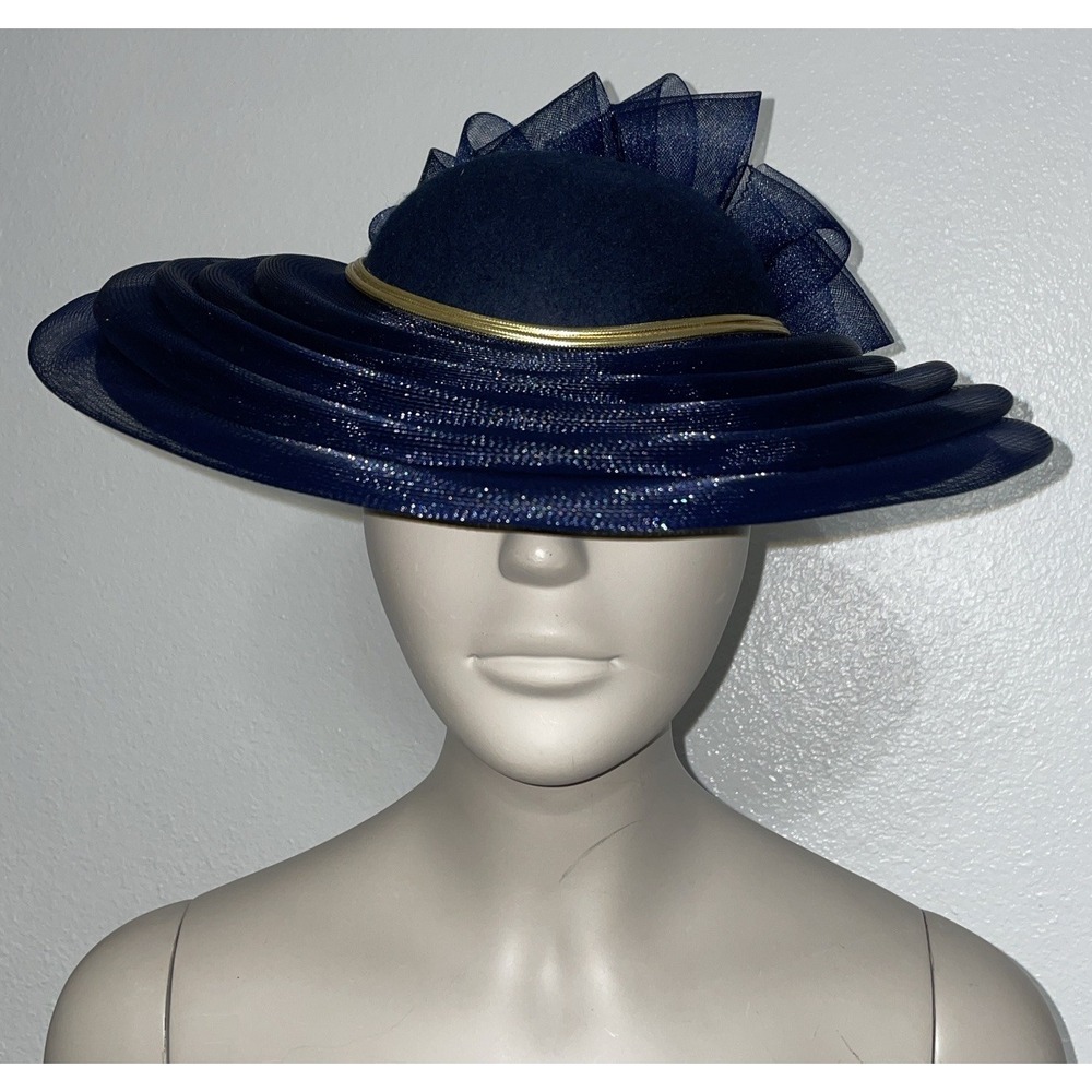 Vtg Sonni of San Francisco Navy Blue Wool Derby Hat Wide Brim Gold Trim USA Made